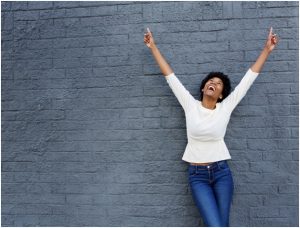 Woman pointing upside